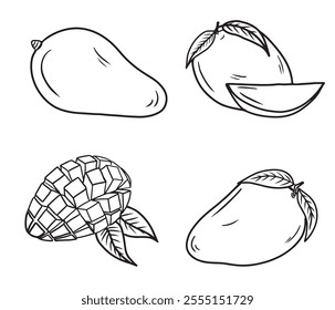 Set of whole mango and sliced in black isolated on white background. Hand drawn vector sketch illustration in doodle engraved vintage line art style. Juicy fruit for sorbet, smoothie