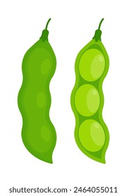 Set of whole and opened soybean pods. Flat icon set isolated on white background. Edamame, vegan diet concept