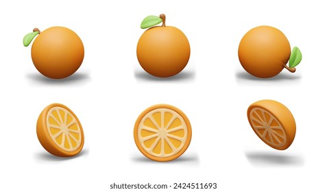Set of whole oranges and halves. Vector realistic templates for bright eco concepts