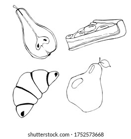 set: whole pear, pie, half pear, croissant. Illustration is suitable for cafe, baking, home baking, cafe and other menu options.