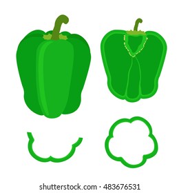 Set of whole pepper and slices in flat style. Chopped green pepper.