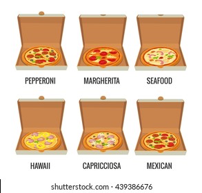 Set whole pizza in open white box. Vector isolated flat illustration for poster, menus, brochure, web and icon