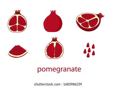 Set of whole pomegranate fruit, his lads, piece of pomegranate and its grains, isolated on white background. Vector flat illustration.