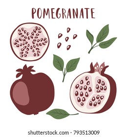 Set of whole pomegranate fruit, segment, pomegranate seeds and leaves, isolated on white background. Flat cartoon vector illustration