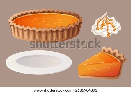 Set of whole pumpkin pie and slice with whipped cream and plate in vector cartoon style. Orange dessert with autumn spice. Great for Thanksgiving card or fall menu. Perfect for harvest festival.