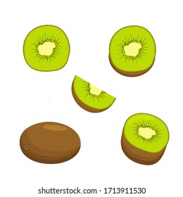 Set of whole ripe kiwi fruit, its halves, slices, isolated on white background. Vector flat illustration.