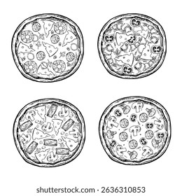 A set of whole, round pizzas. Vector graphics, hand-drawn black and white illustrations. Isolates on a white background. For recipes, menus, pizzeria decoration, packaging, and more.