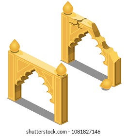 Set of whole and a ruined arch in the Eastern style isolated on a white background. Vector cartoon close-up illustration.