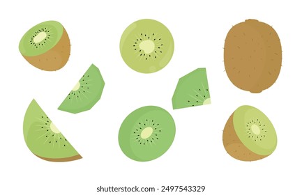 Set of whole and slice kiwi fruit. Exotic sweet fruit. Hand drawn vector illustration, isolated on white background. 