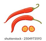 Set of whole and slice of red chili pepper. Spicy red vegetable, hot peppers. Vector illustration isolated on white background