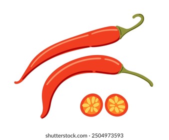 Set of whole and slice of red chili pepper. Spicy red vegetable, hot peppers. Vector illustration isolated on white background