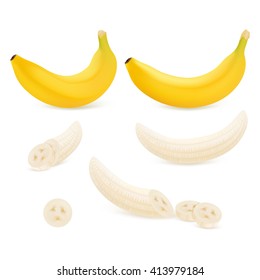 Set whole and sliced bananas isolated on white background. Realistic vector illustration.