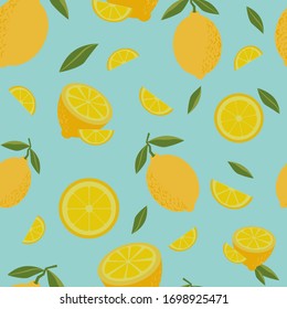 Set of whole and sliced fresh lemons with leaves, pastel color seamless pattern. Citrus fruits colorful background for printing on fabric or wallpaper