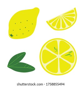 Set of whole and sliced lemon in flat style isolated on white background.