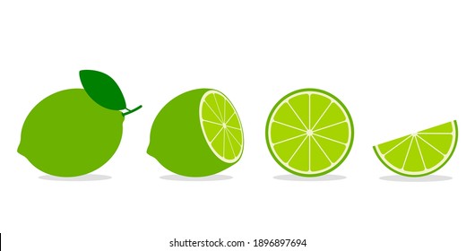 set of whole and sliced lime or lemon with leaf. flat vector illustration isolated on white background