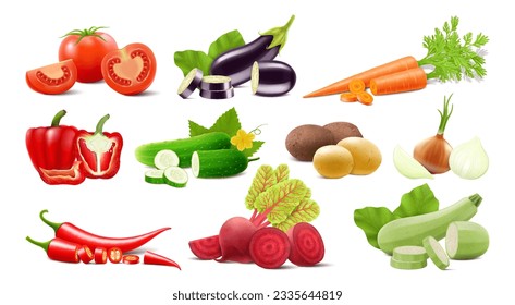 A set of whole and sliced raw vegetables isolated on a white background. Tomato, eggplant, carrot, pepper, cucumber, potato, onion, chili pepper, beet, zucchini. Organic healthy food. Vegetarian nutri