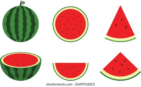 Set of Whole and Sliced Watermelon Flat Vector Illustrations for Summer Food, Healthy Eating, and Seasonal Design