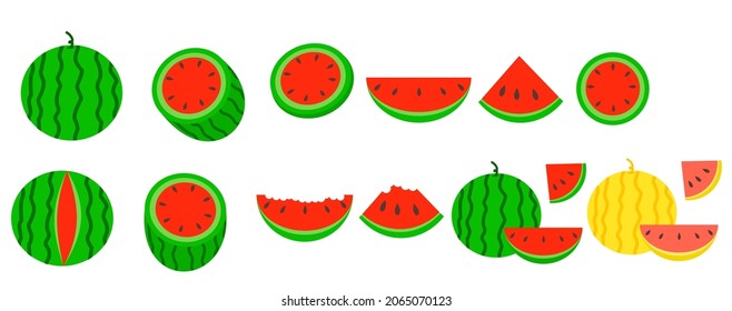Set of whole and slices watermelon.Green and yellow fruits.Sign, symbol, icon or logo isolated.Flat design.Clipart.Water melon cartoon.Fresh and juicy.Summer concept.Vector illustration.