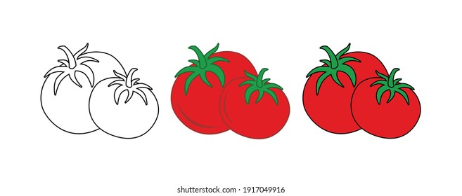 Set of the whole tomato in vector format with an outline. Red Tomato outline vector for using Children's coloring page.