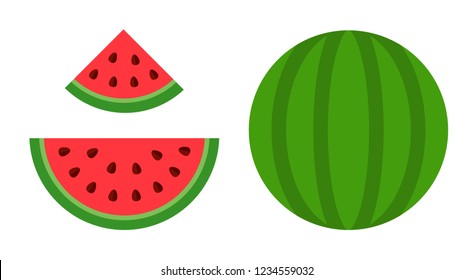 Set of Whole watermelon and watermelon slices vector flat icon isolated on white