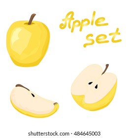Set of whole yellow apple, half an apple and a slice of apple. Collection of yellow apple. Hand drawing. Vector illustration.