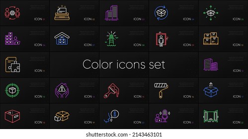 Set of Wholesale goods, Lighthouse and Parcel delivery line icons. Include Parcel tracking, Office box, Buildings icons. Skyscraper buildings, Engineering team, Brush web elements. Vector