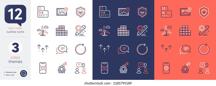 Set of Wholesale inventory, Swipe up and Teamwork questions line icons. Include Project edit, Windmill turbine, Brand ambassador icons. Text message, Card, Augmented reality web elements. Vector