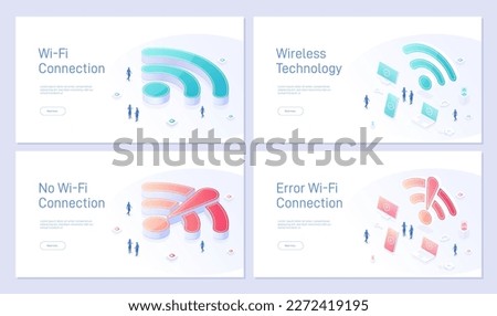 Set wi fi wireless technology landing page template. Successful and unsuccessful connecting a laptop to Wi-Fi, Connection error. Can be used for web banners. Isometric modern vector illustration.