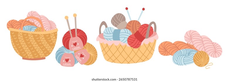 Set of wicker basket, bag with various balls and yarn for knitting. cozy atmosphere. Handmade. flat colored isolated illustration. Postcards, packaging, posts on social media, theme of care, coziness