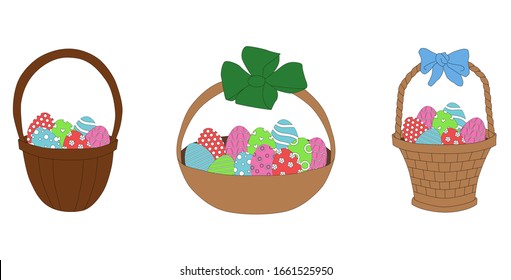 Set of wicker basket with eggs painted in a white pattern. Color illustration in a flat style.