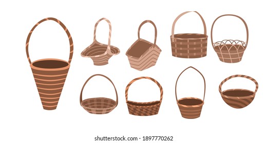 Set Wicker basket flat style. Containers are made by hand for flowers, Easter, mushrooms, fruits. Vector illustration on a white isolated background.