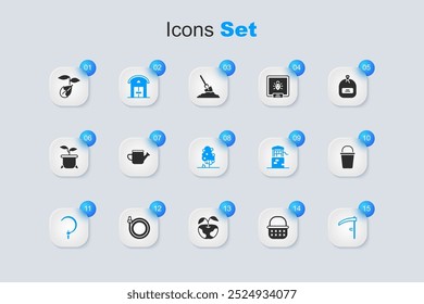 Conjunto Cesta de mimbre, regadera, casa de campo, hoz, guadaña, cubo, brote y árbol de frutas icono. Vector