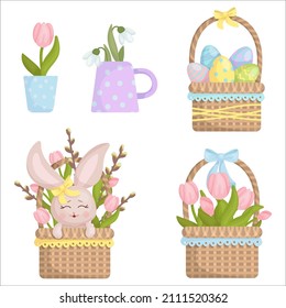 Set of wicker baskets with easter bunny,snowdrops,tulips,willow and painted eggs.Cartoon vector graphics.