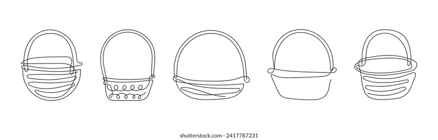 Juego de cestas de mimbre con asa.Dibujo continuo de línea. Ilustración vectorial aislada en fondo blanco. Estilo minimalista. Elementos de diseño. Ideal para icono, logotipo, impresión, aplicación móvil, libro de colores