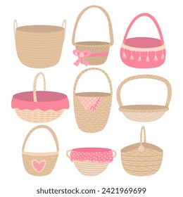 Set of wicker baskets. Vector flat differrent empty baskets set