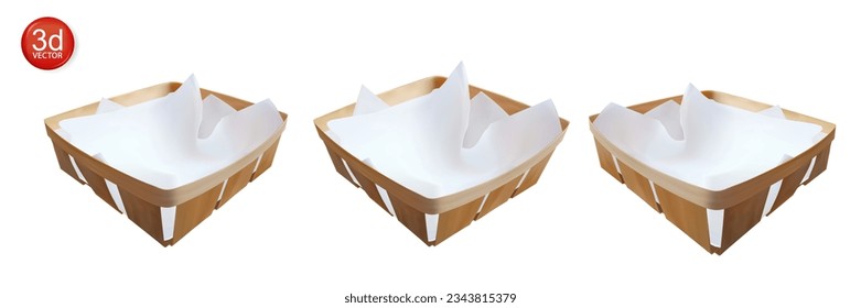 Set wicker baskets with white napkins on white background isolated vector illustration for product or cosmetics.
