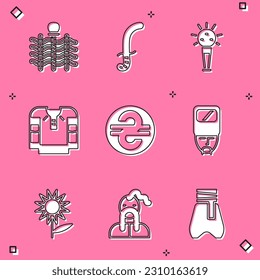 Set Wicker fence, Medieval sword, Mace, Embroidered shirt, Ukrainian hryvnia, cossack, Sunflower and  icon. Vector