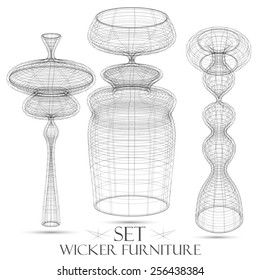 Set of wicker furniture drawings of objects vector