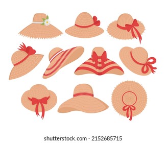 A set of wicker hats for sunbathing on the beach. Flat clipart. All colors have been repainted.