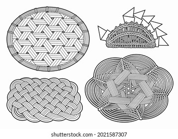 Set of wicker napkins cartoon hand drawn objects. Vector line art illustration. 