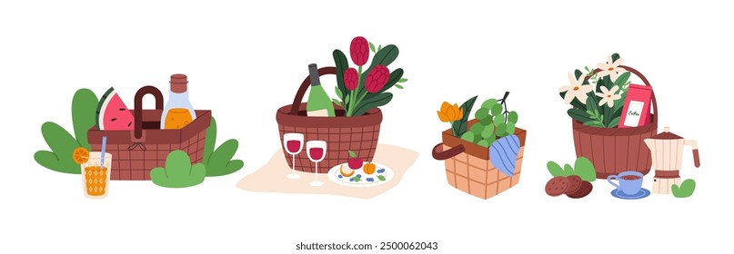 Set of wicker picnic baskets with food. Outdoor recreation. Hamper with food and drinks. Flat vector illustration isolated on white background.