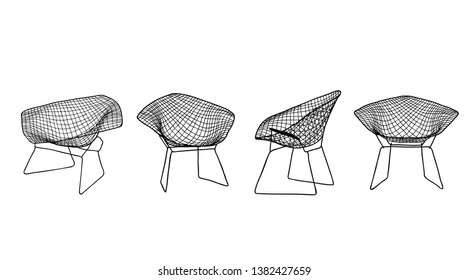 set of wicker wire chairs, hand-drawn vector illustration interior