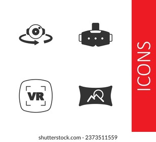 Set Wide angle picture, 360 degree view, Virtual reality and glasses icon. Vector