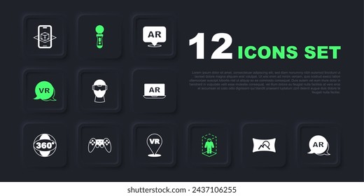 Set Wide angle picture, Augmented reality AR, Virtual glasses, 3d modeling, Gamepad, VR controller game and  icon. Vector