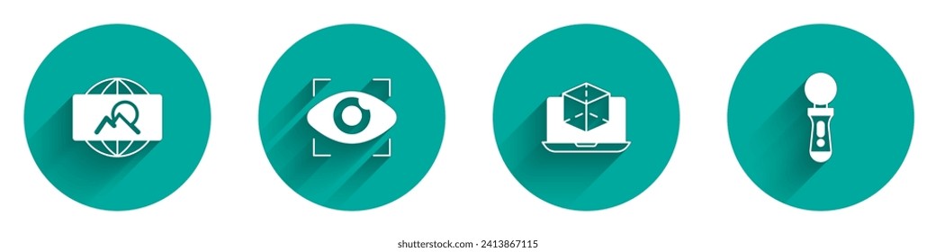 Set Wide angle picture, Big brother electronic eye, 3d modeling and VR controller game icon with long shadow. Vector