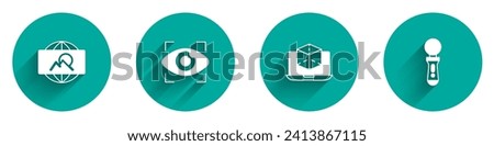 Set Wide angle picture, Big brother electronic eye, 3d modeling and VR controller game icon with long shadow. Vector