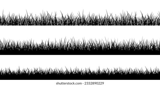 Set wide black border silhouette grass seamless texture. Vector