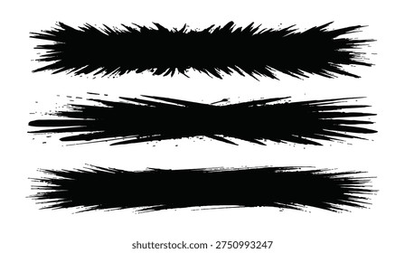 Set of wide black ink banners with distressed splat edges suitable for titles and text boxes in urban style graphics or vintage flyers featuring high contrast dark textures and messy lines