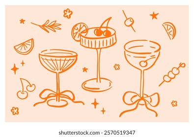 Set of wide champagne glasses with bows. Hand drawn ink vector illustration. Elements for poster, social media, banners, invitation. Trendy coquette core template.   