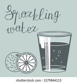 set wide cone-shaped glass with carbonated drink and two oranges whole and cut, vector clip art on gray isolated background with the inscription Sparkling water